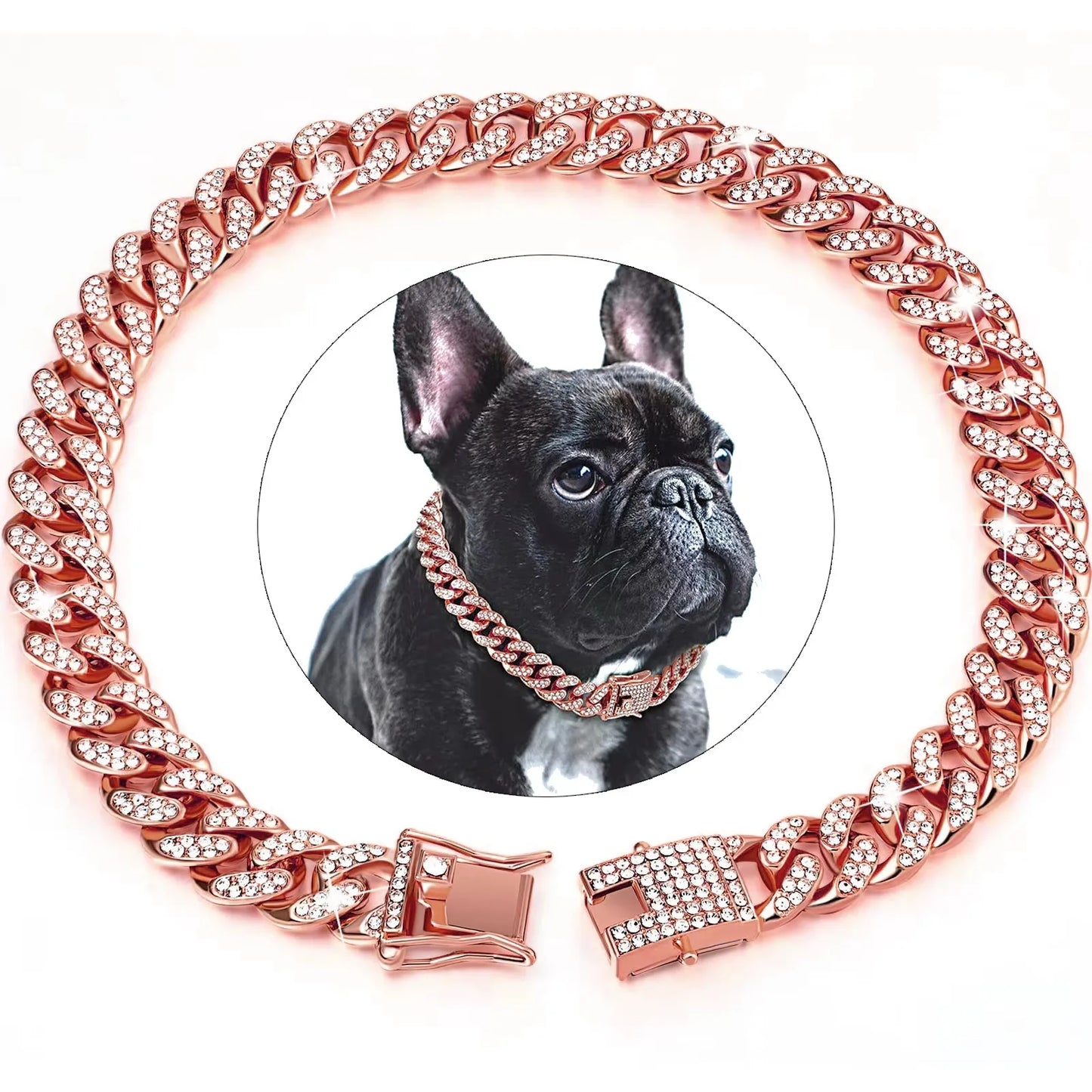 NONECN Diamond Cuban Dog Collar with Stainless Steel Chain Buckle