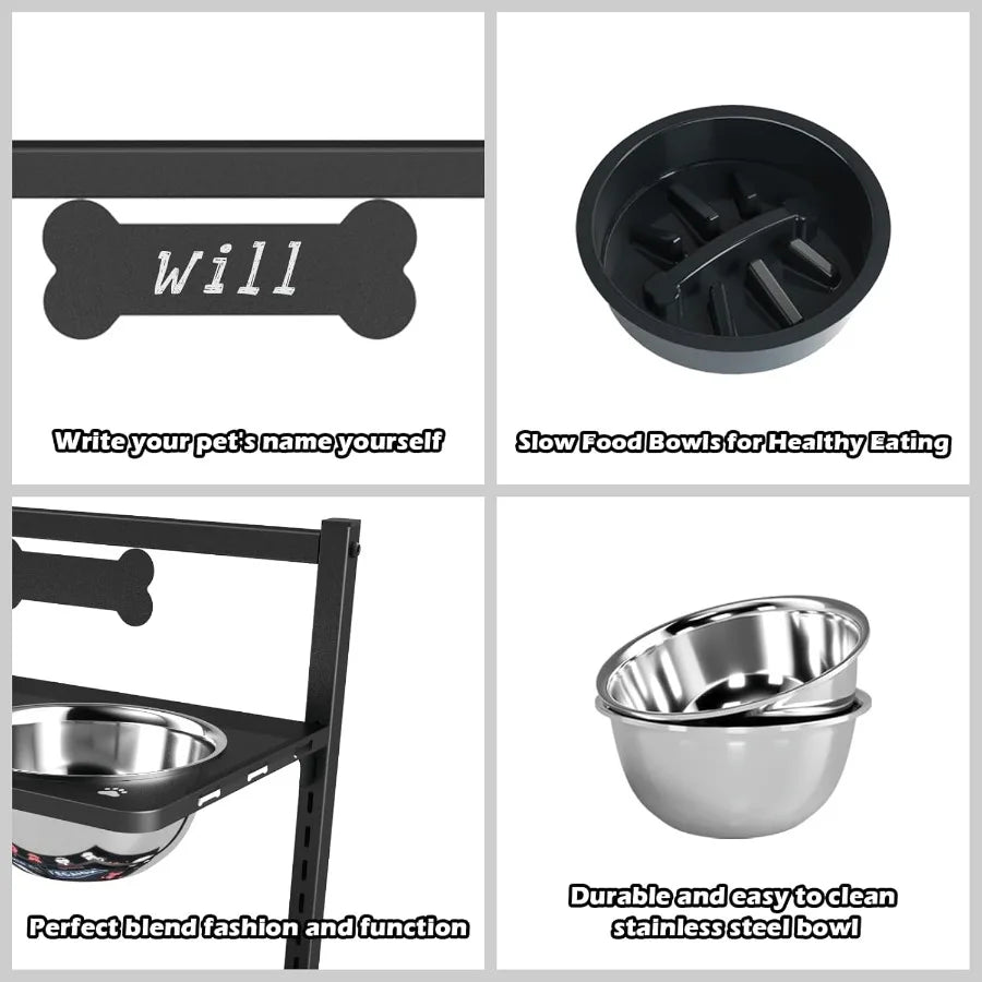 Dog Bowl Stand With Stainless Steel Slow Feeder Bowls