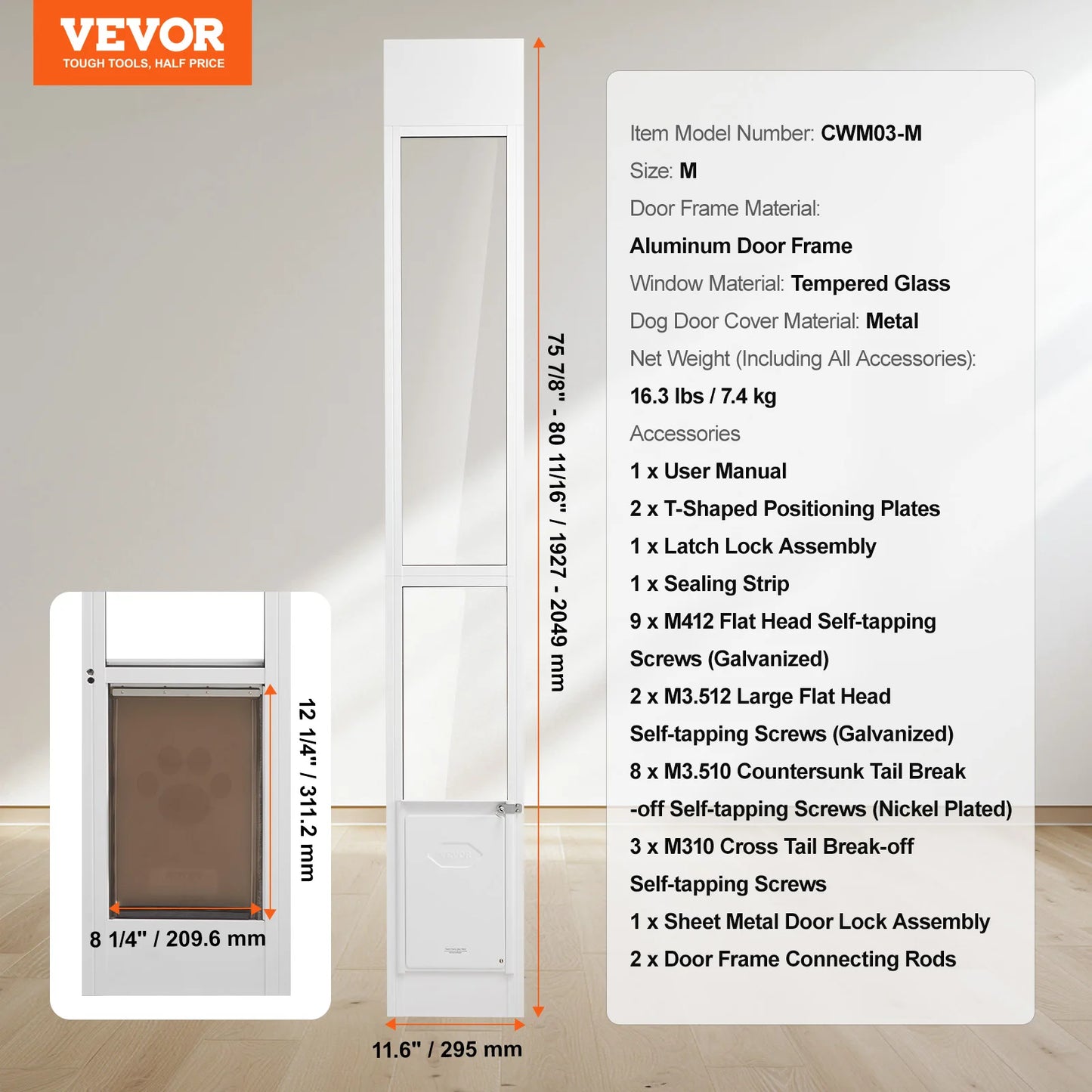 SucceBuy Sliding Glass Dog Door With Adjustable Height Aluminum Frame