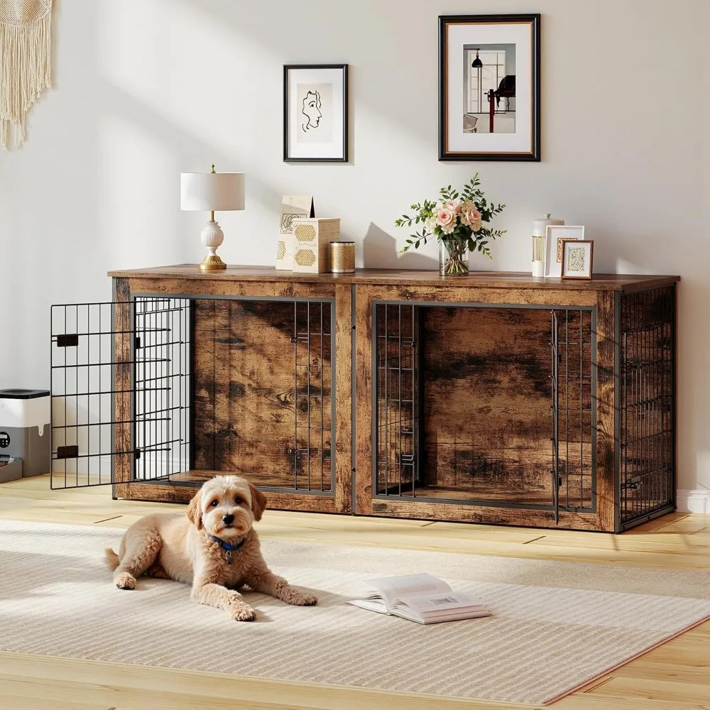MKDK Double Dog Crate Furniture With Divider For Indoor Use