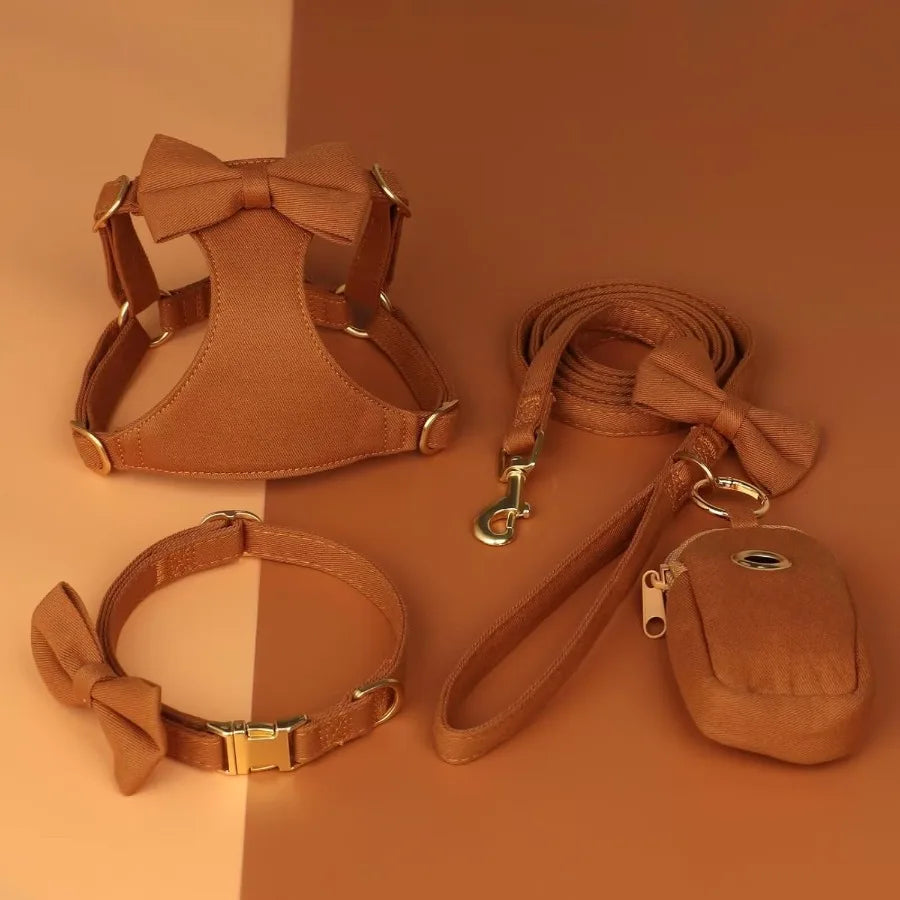 Dog Harness Set With Detachable Bows Adjustable Step In Harness Leash