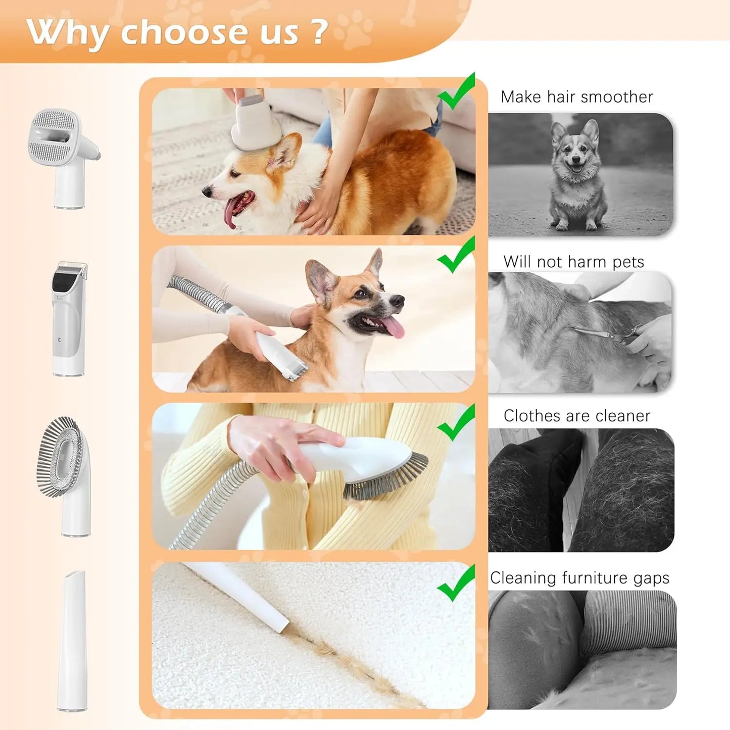 Pet Grooming Vacuum Kit Low Noise With 5 Essential Tools