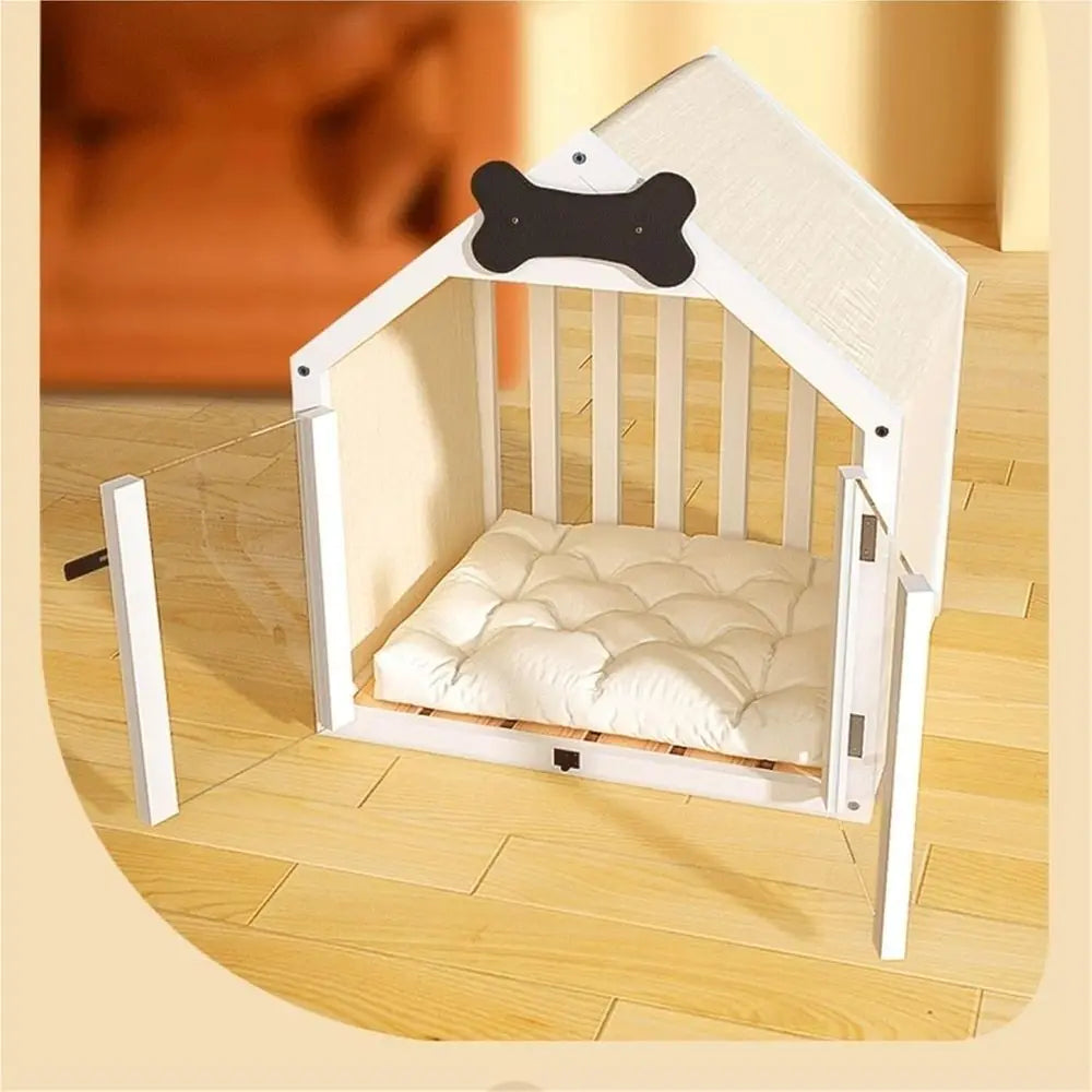 Indoor Pine Wood Dog House With Cushion And Double Doors