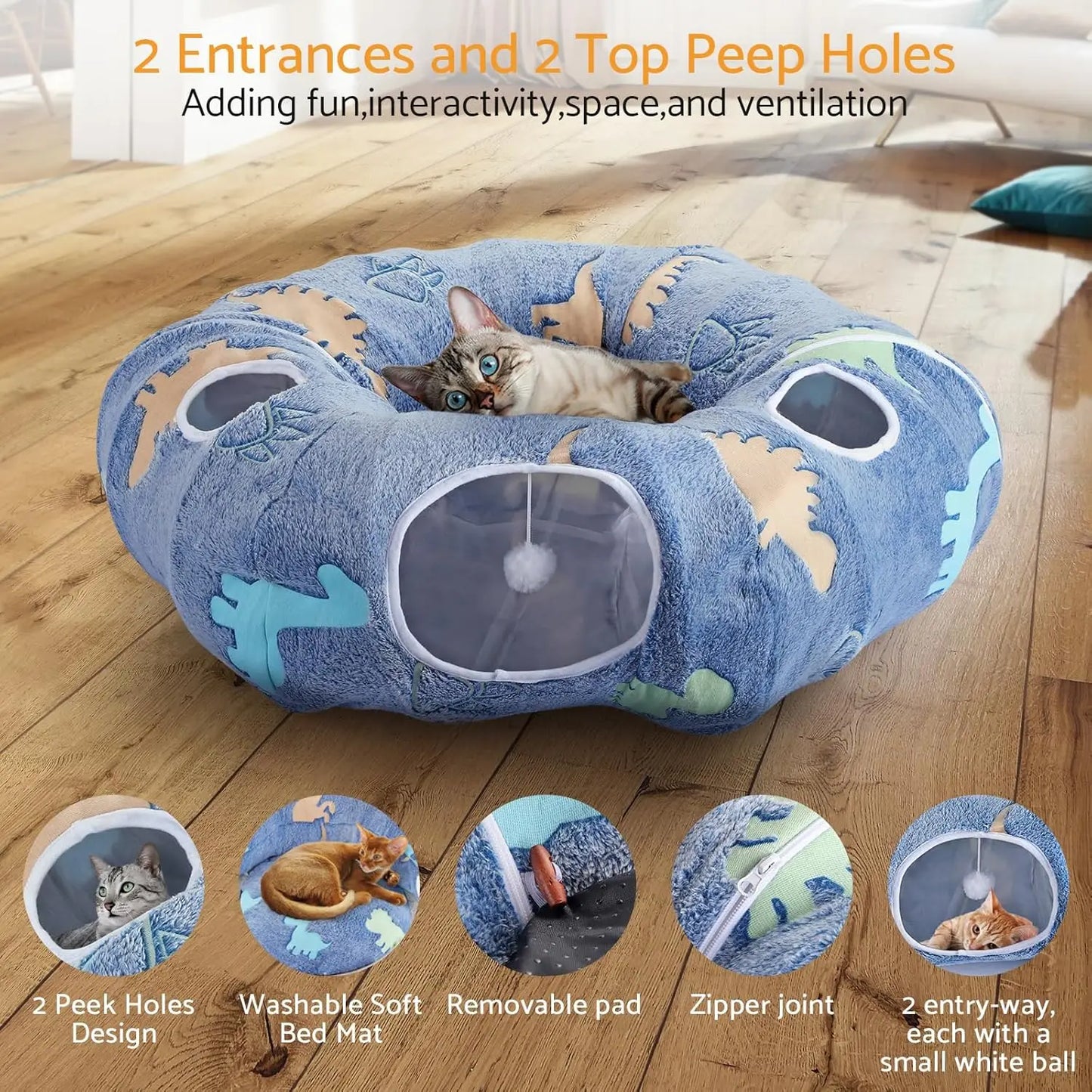 Cat Tunnel Bed Foldable Plush Donut Cave For Indoor Cats