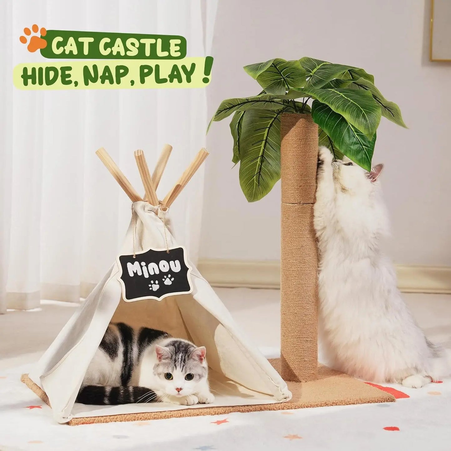 MEWOOFUN Cat Scratching Post Teepee Tree With Simulated Leaves