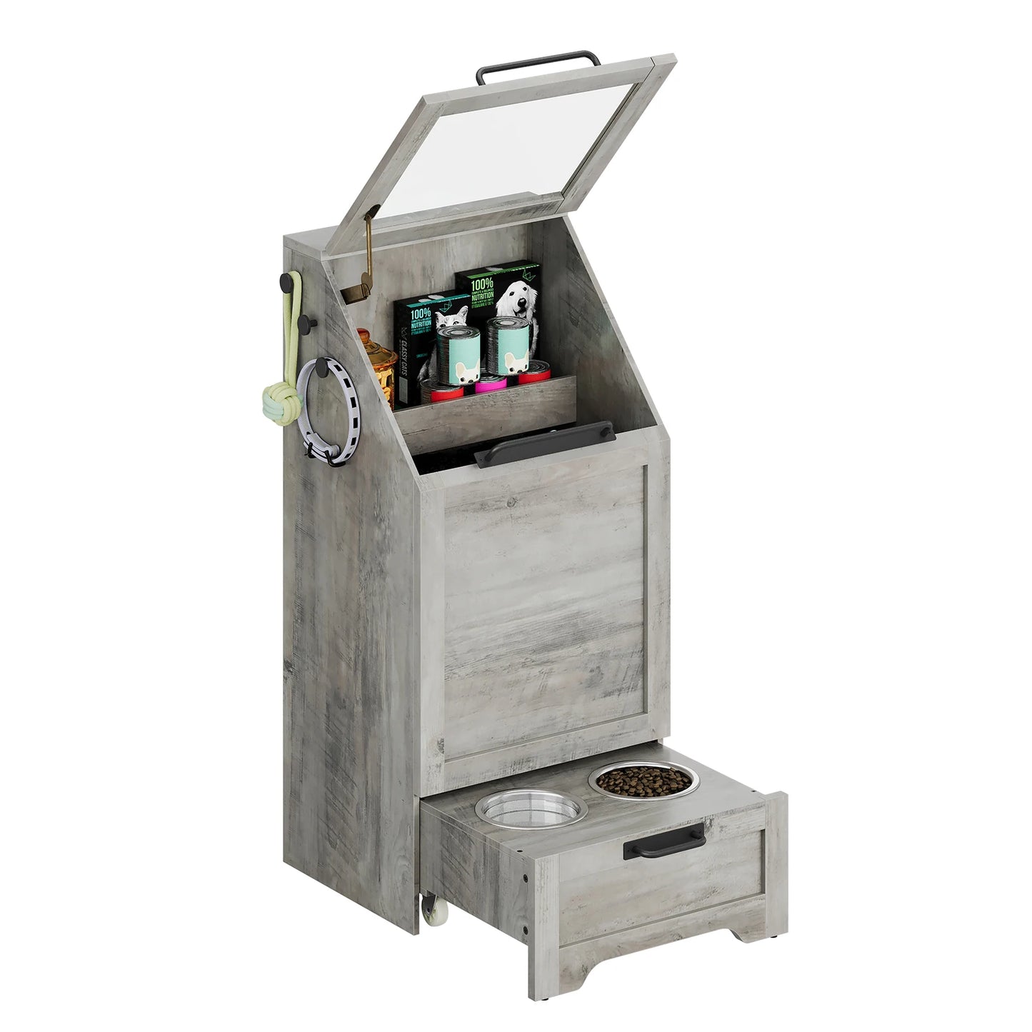 Hign-concerned Dog Feeding Station With Elevated Bowls Storage Cabinet