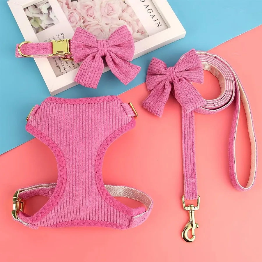 Cute Dog Harness Set With Bowtie Leash Breathable Mesh Vest