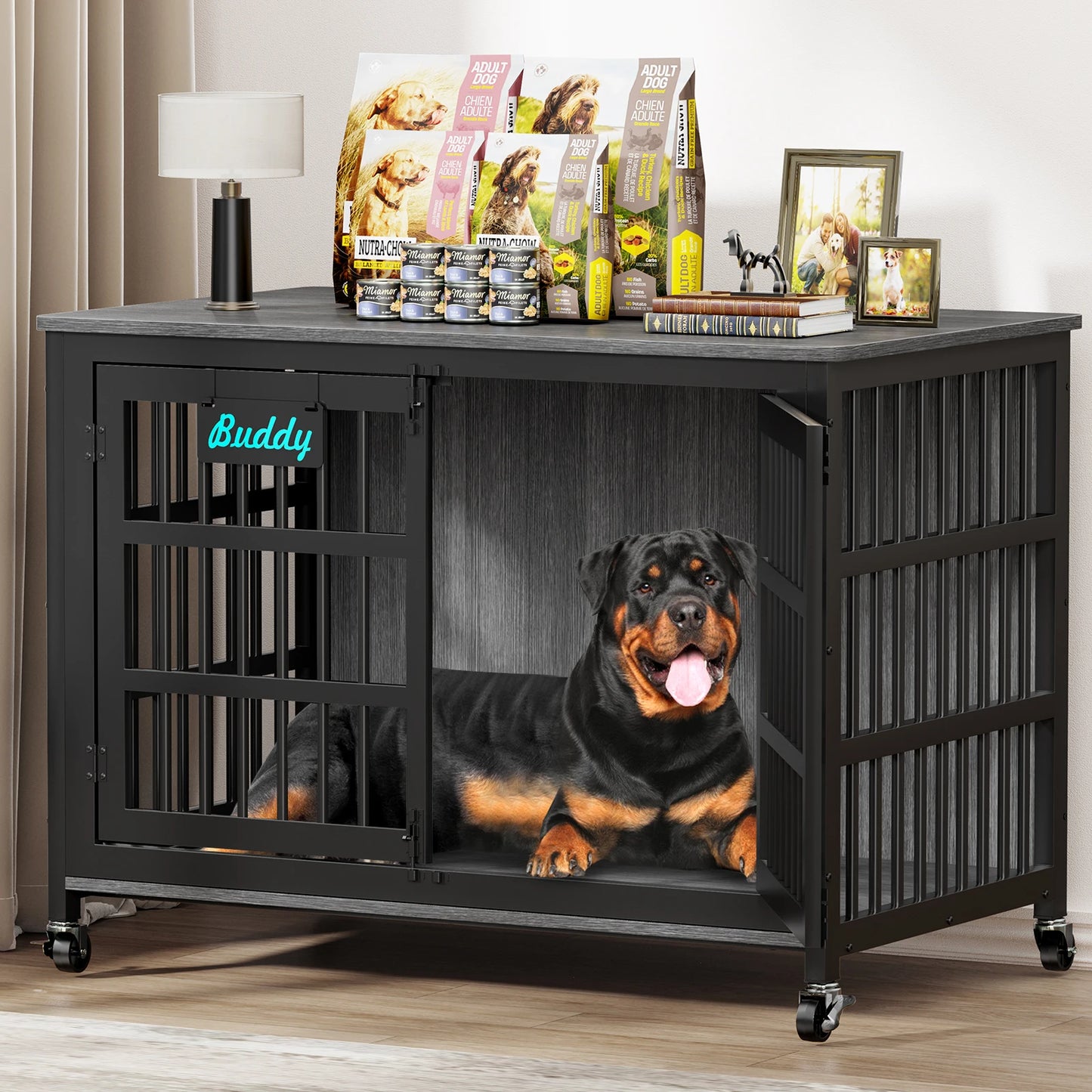 Furniture Style Dog Crate With Casters Indoor Kennel For Home
