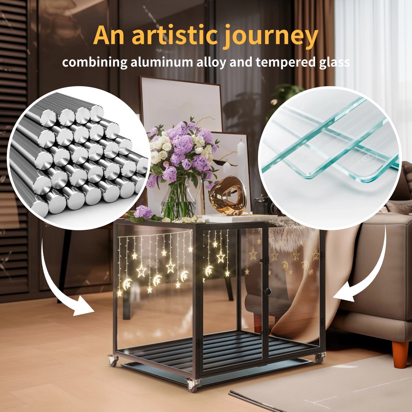 Bingopaw Tempered Glass Dog Crate Aluminum Frame Rolling Cage