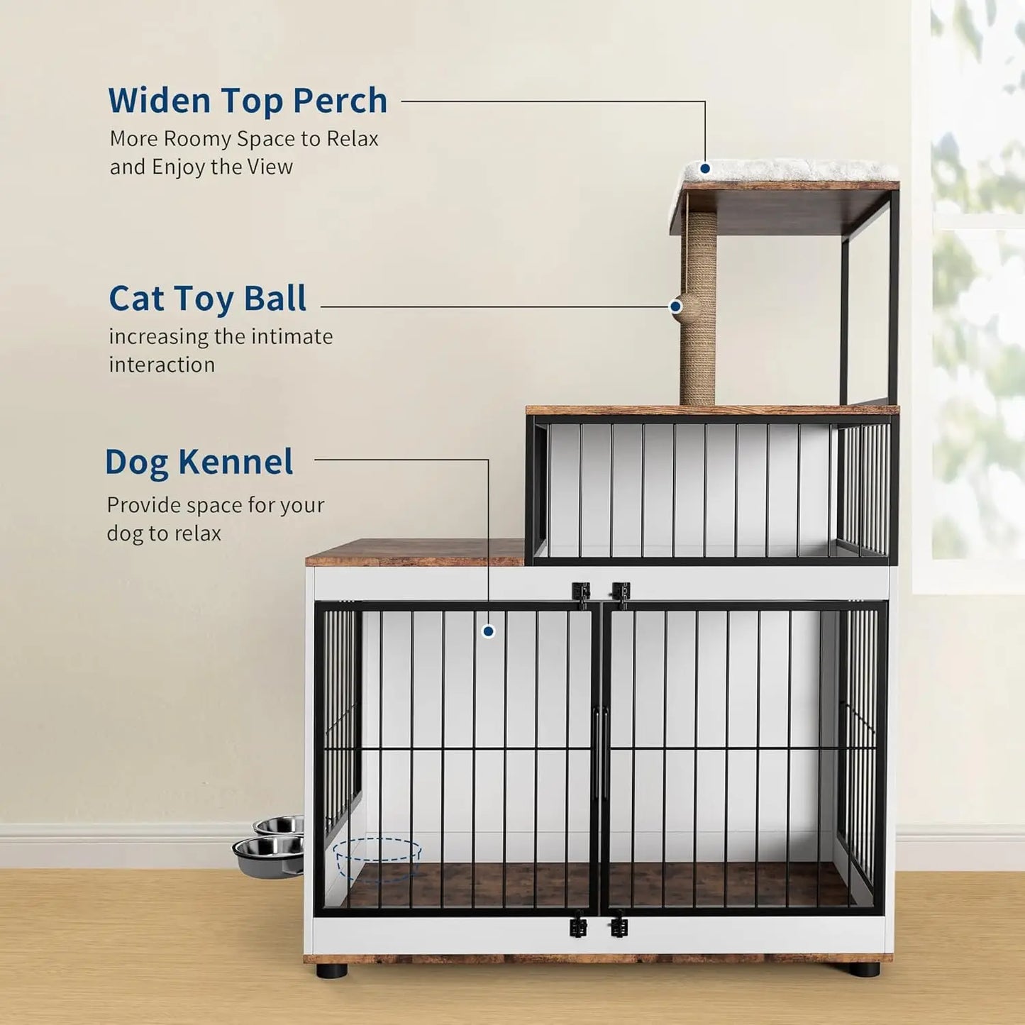 HiMISS Multifunctional Dog Crate With Cat Tower And Shelving