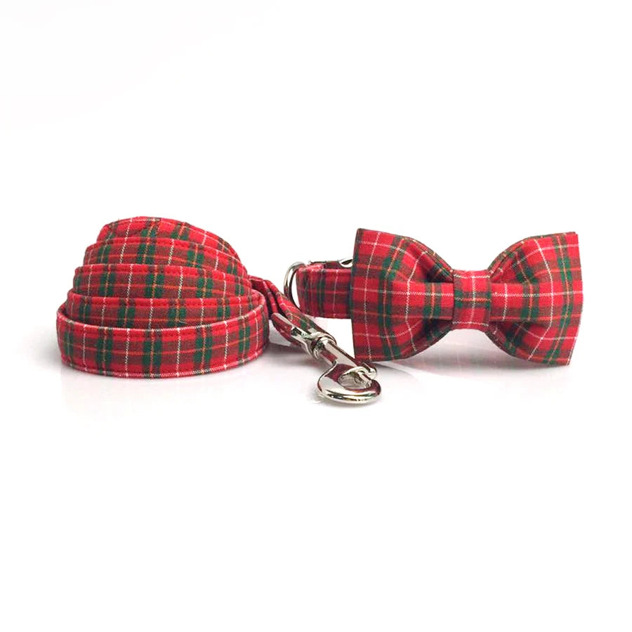 Unique Style Paws Christmas Plaid Bow Tie Dog Collar Set
