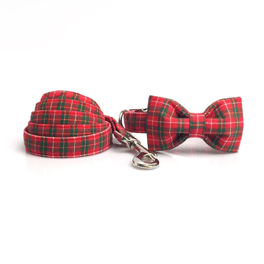Unique Style Paws Christmas Plaid Bow Tie Dog Collar Set