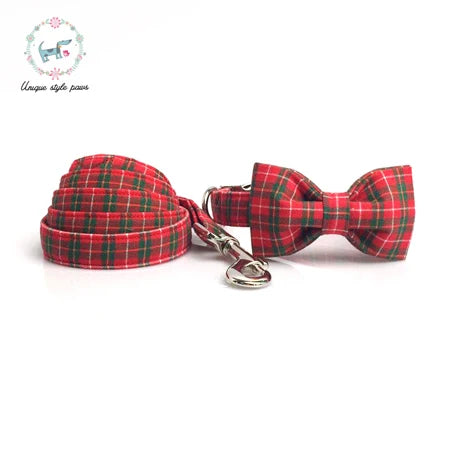 Unique Style Paws Christmas Plaid Bow Tie Dog Collar Set