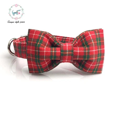 Unique Style Paws Christmas Plaid Bow Tie Dog Collar Set