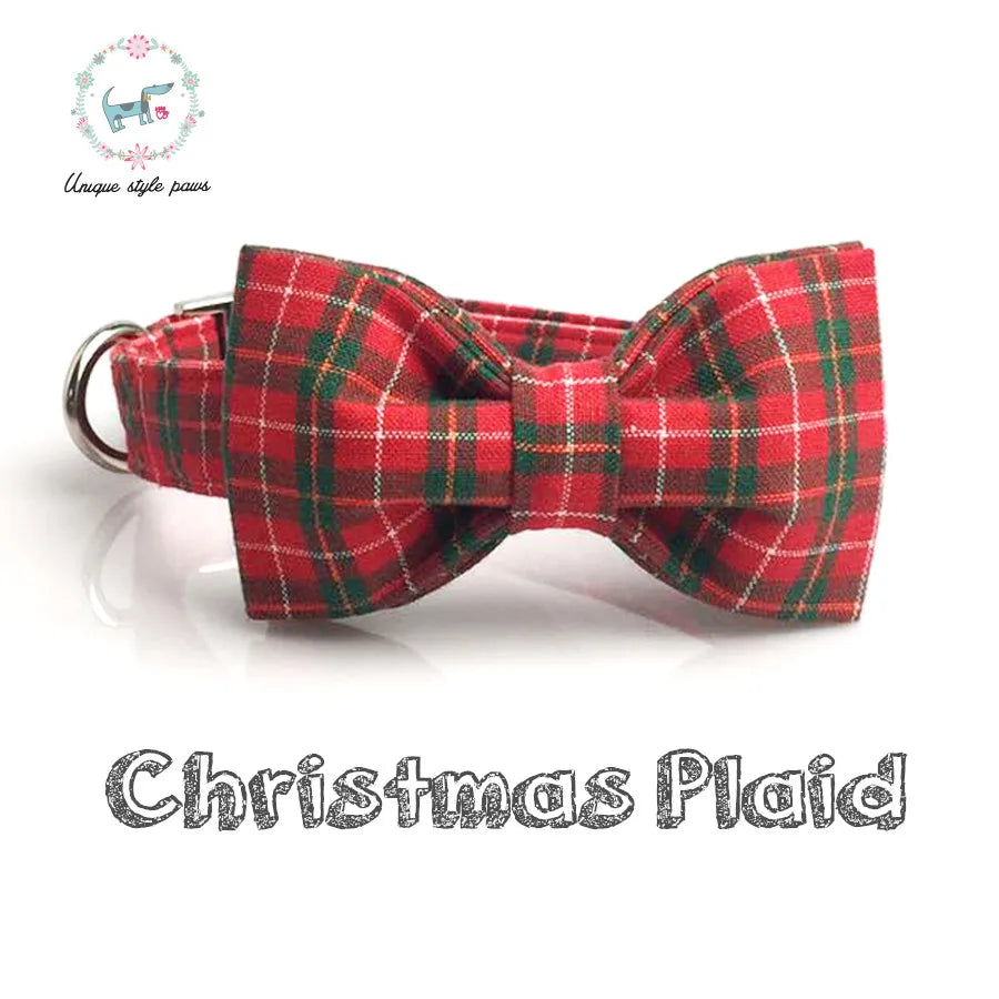 Unique Style Paws Christmas Plaid Bow Tie Dog Collar Set