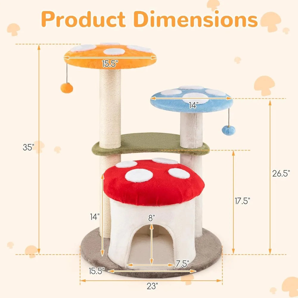 Mushroom Shaped Cat Tree With Sisal Posts Three-Tier Cushioned Perches