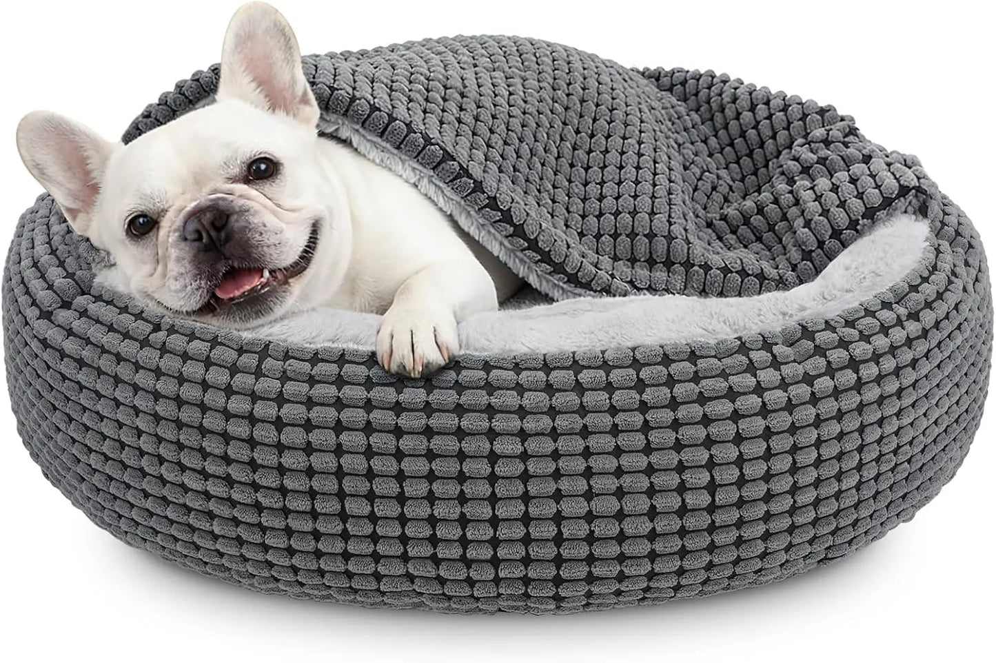 Cozy Donut Hooded Pet Bed With Blanket Attached Washable Orthopedic