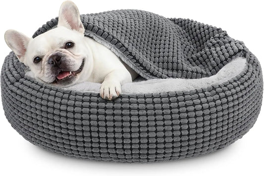 Cozy Donut Hooded Pet Bed With Blanket Attached Washable Orthopedic