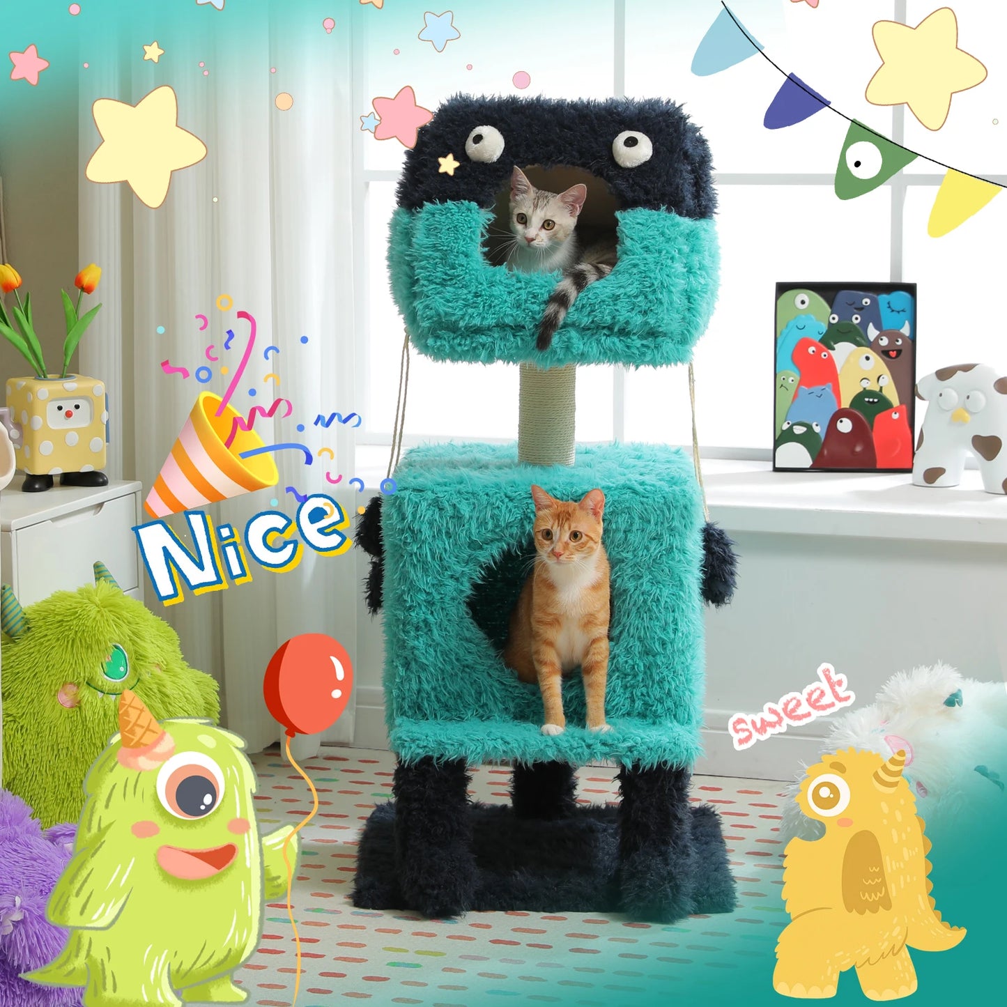 PETEPELACN Monster Series Cute Cat Tree Tower With Plush Condos Scratching Post