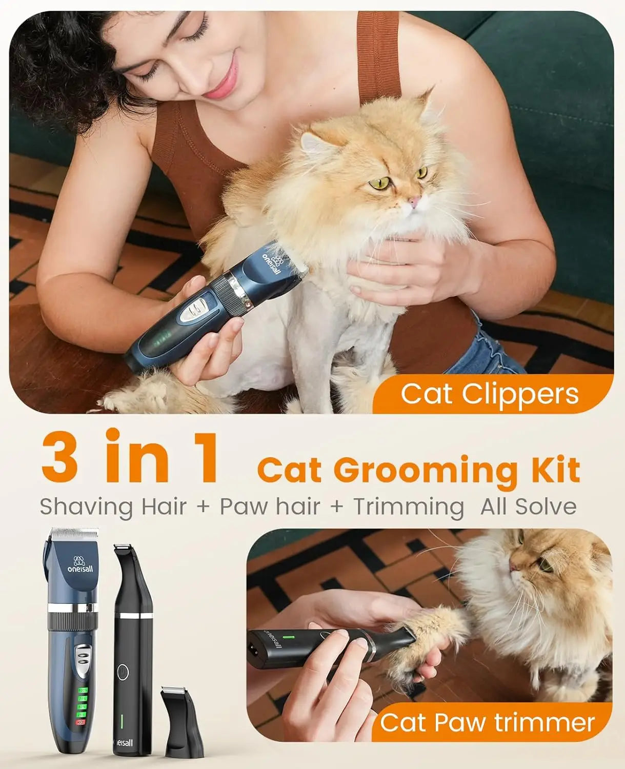3in1 Cat Grooming Kit Clippers and Paw Trimmer Cordless