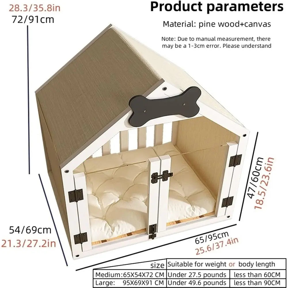 Indoor Pine Wood Dog House With Cushion And Double Doors