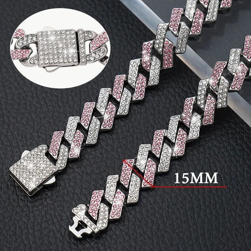 NONECN Diamond Cuban Dog Collar with Stainless Steel Chain Buckle