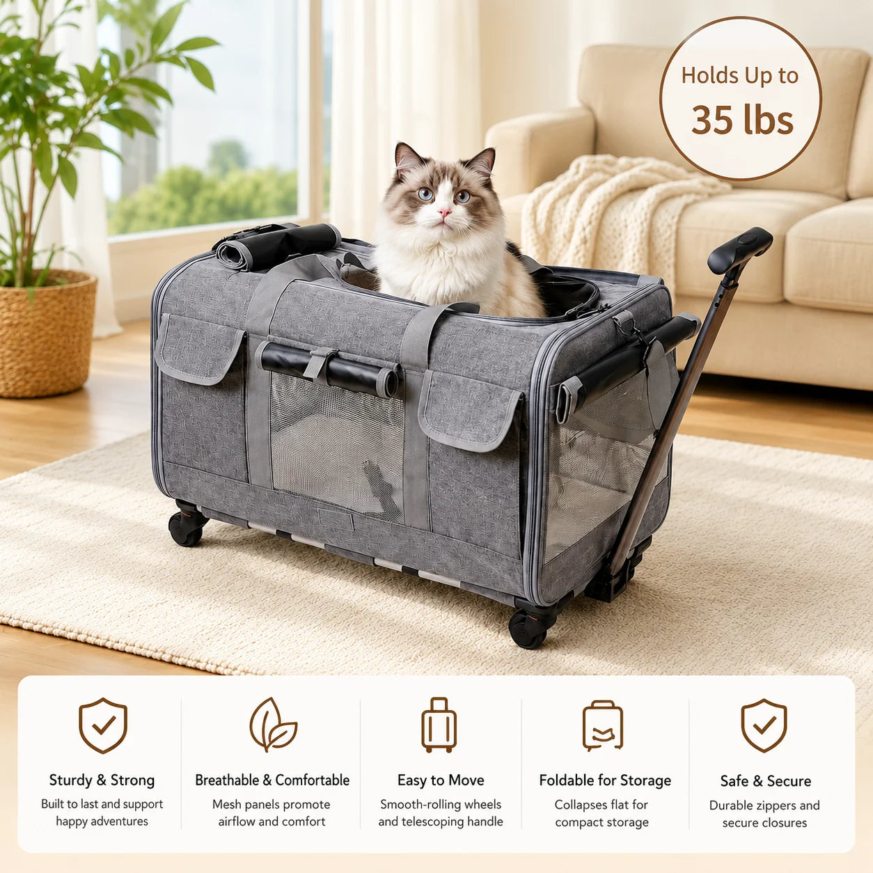 XMSJ Cat Dog Carrier With Wheels Travel Stroller For Pets