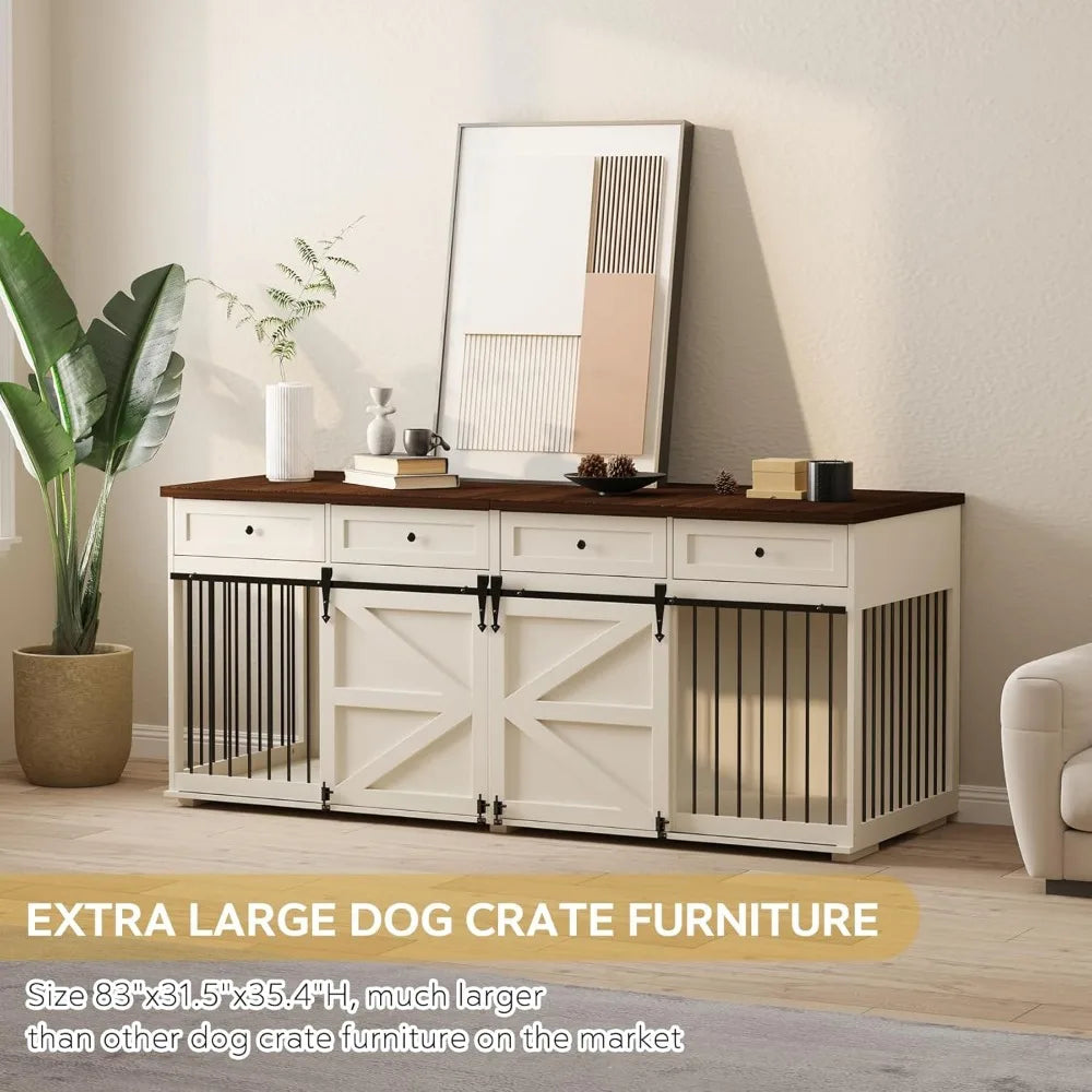 Indoor Wooden Dog Crate With Drawers And Sliding Barn Doors
