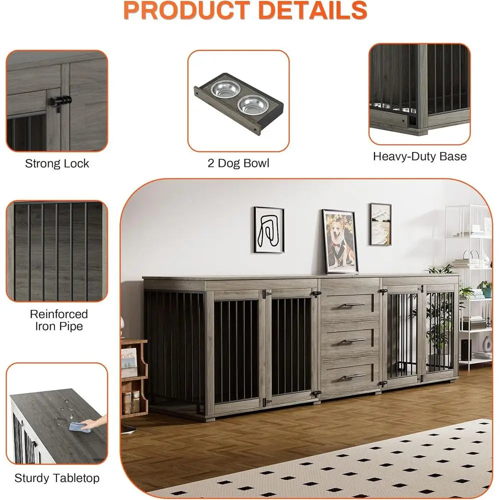 Engineered Wood Dog Crate With Storage And Four Bowls