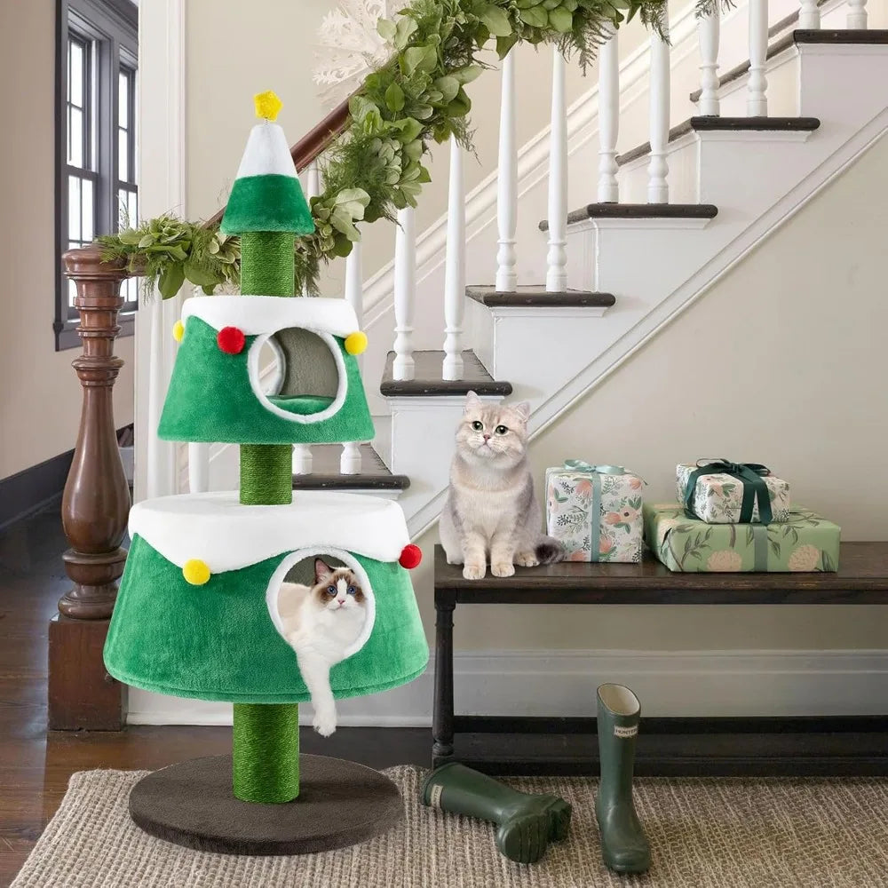 Christmas Themed Cat Tree With Two Condos And Scratching Posts