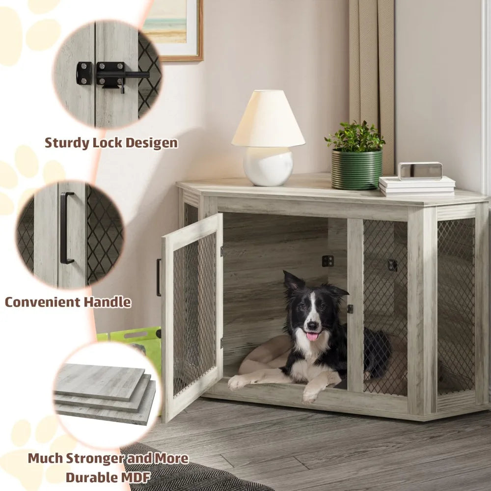 MKDK Corner Dog Crate Furniture Wooden Kennel With Mesh