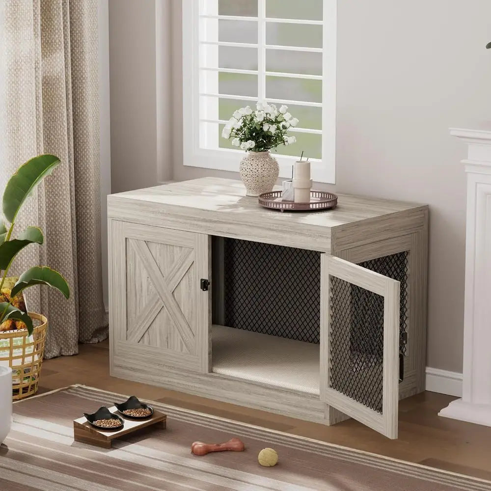 Wooden Dog Kennel End Table With Mesh For Indoor Use