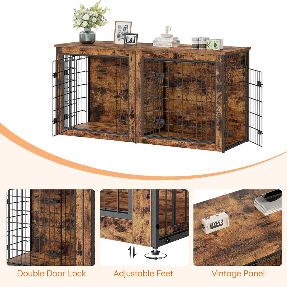 MKDK Double Dog Crate Furniture With Divider For Indoor Use