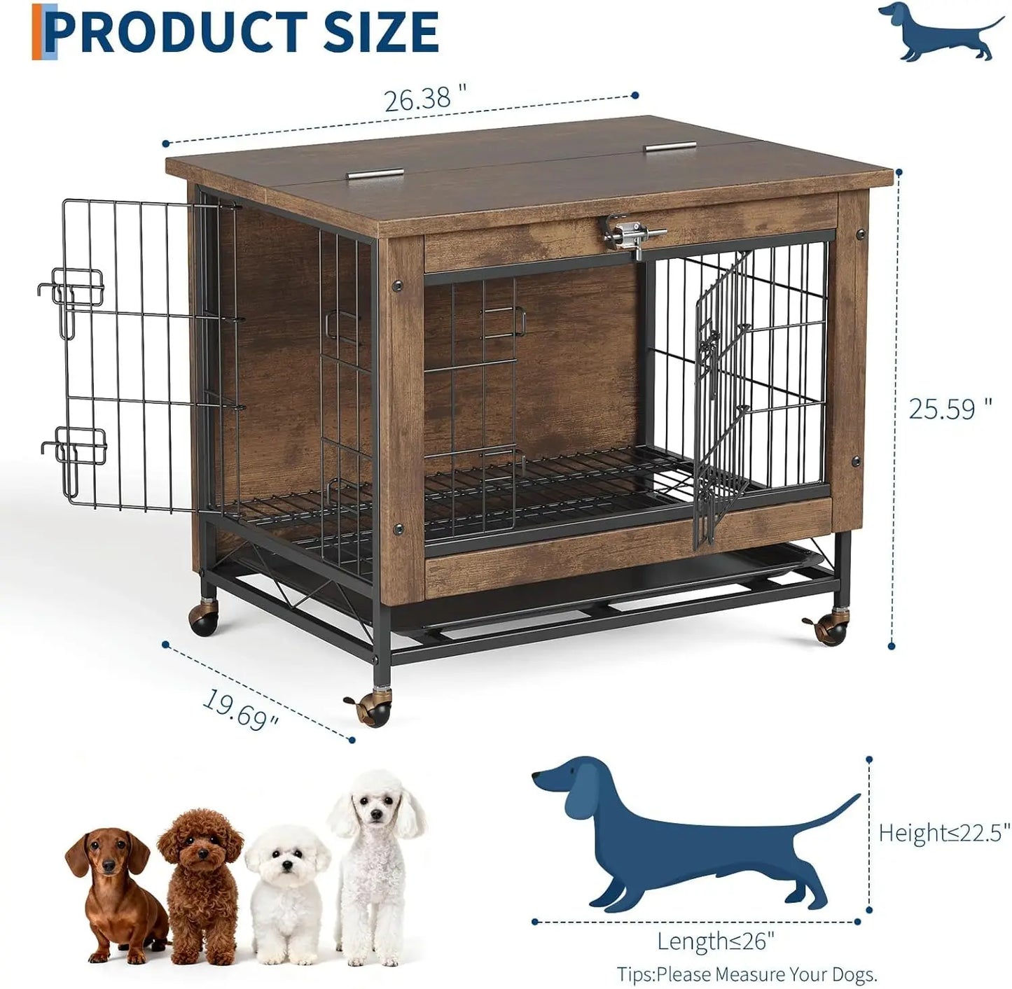 TWISTER.CK Dog Crate Furniture Iron Double-Door Kennel With Tray Wheels