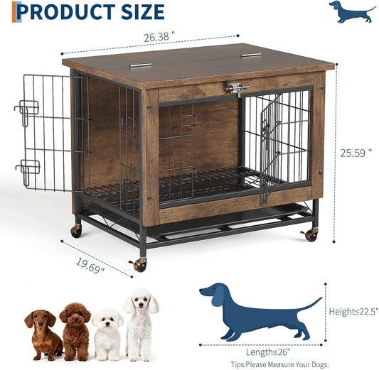 TWISTER.CK Dog Crate Furniture Iron Double-Door Kennel With Tray Wheels