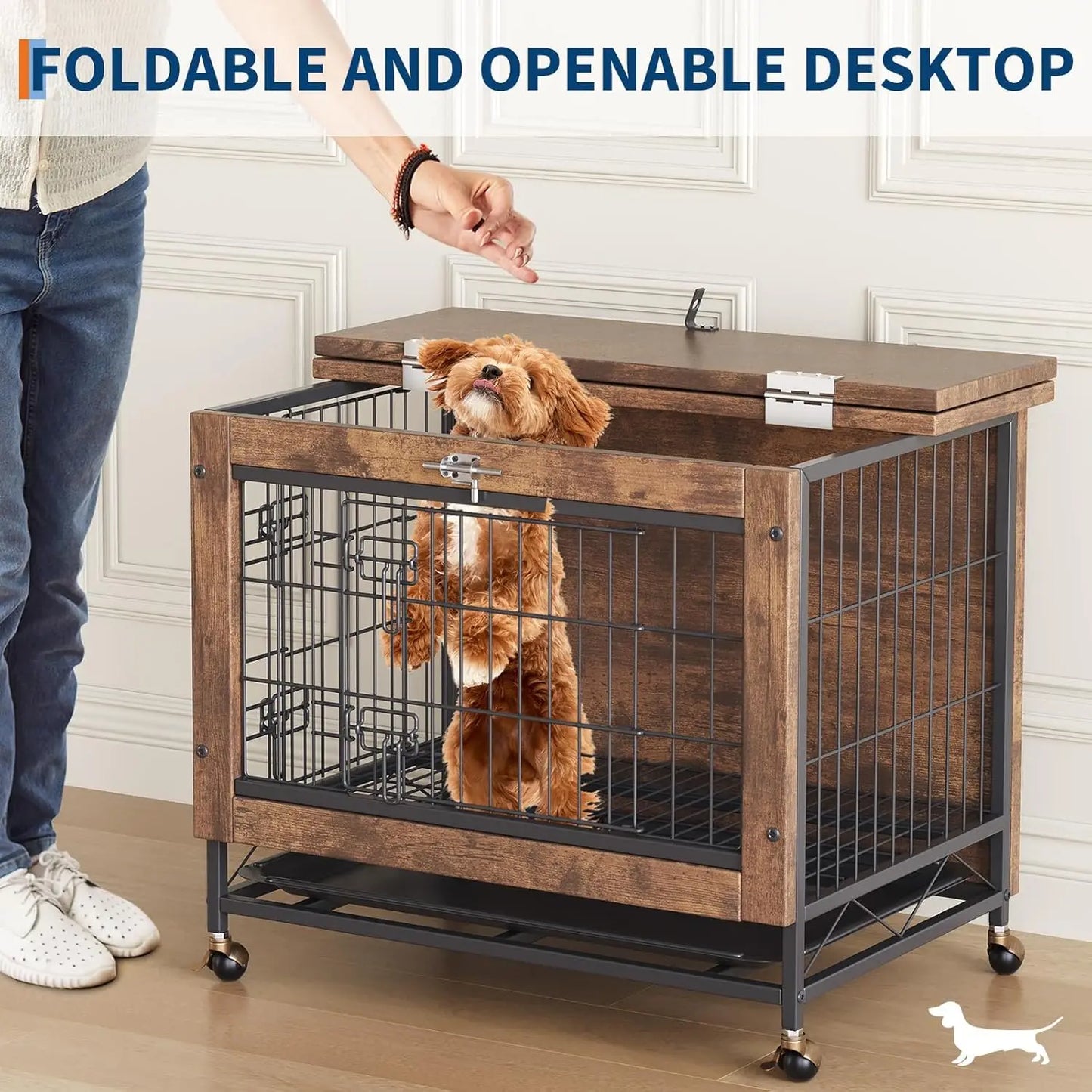 TWISTER.CK Dog Crate Furniture Iron Double-Door Kennel With Tray Wheels