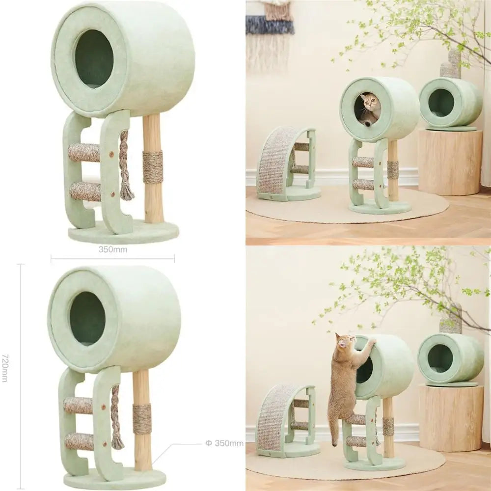 Wooden Cat Tower With Integrated Litter Box And Scratching Board