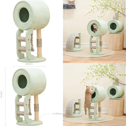 Wooden Cat Tower With Integrated Litter Box And Scratching Board