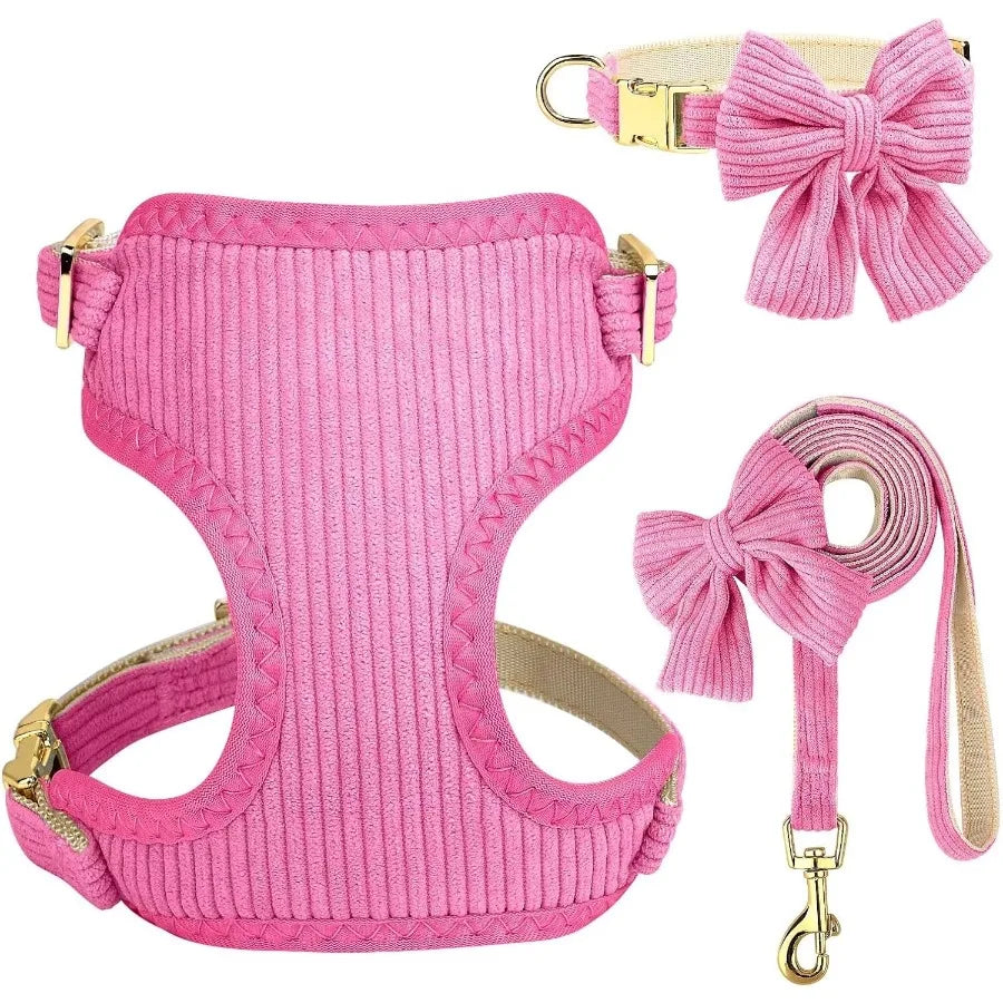 Cute Dog Harness Set With Bowtie Leash Breathable Mesh Vest