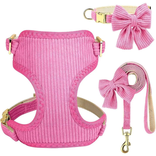 Cute Dog Harness Set With Bowtie Leash Breathable Mesh Vest