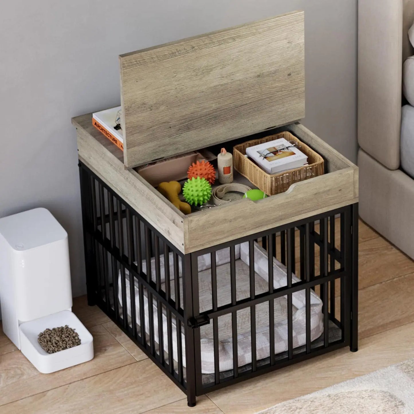 Wooden Dog Kennel End Table Crate With Flip Top Drawer