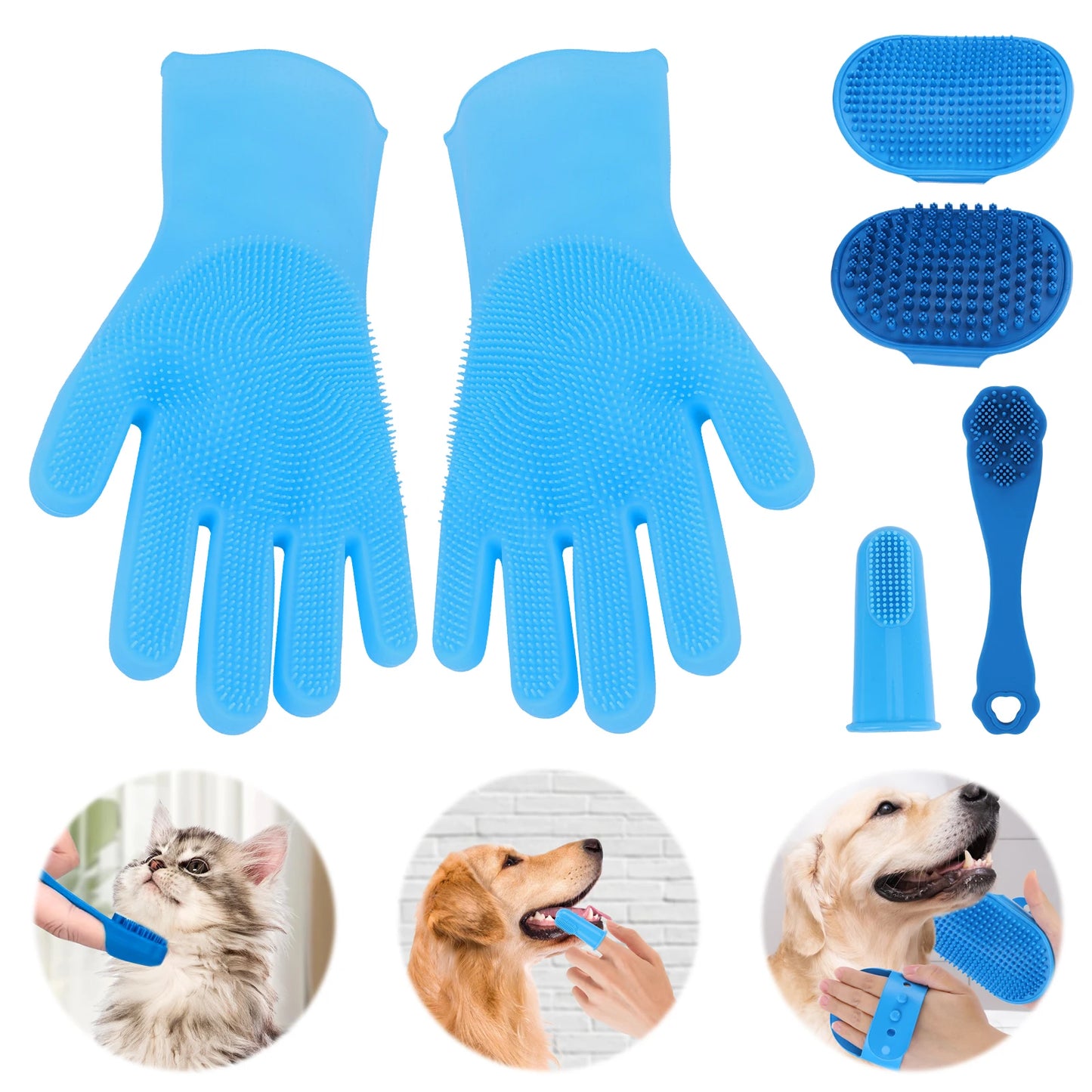APWIKOGER Pet Grooming Kit Silicone Dog Bath Gloves Brush Toothbrush