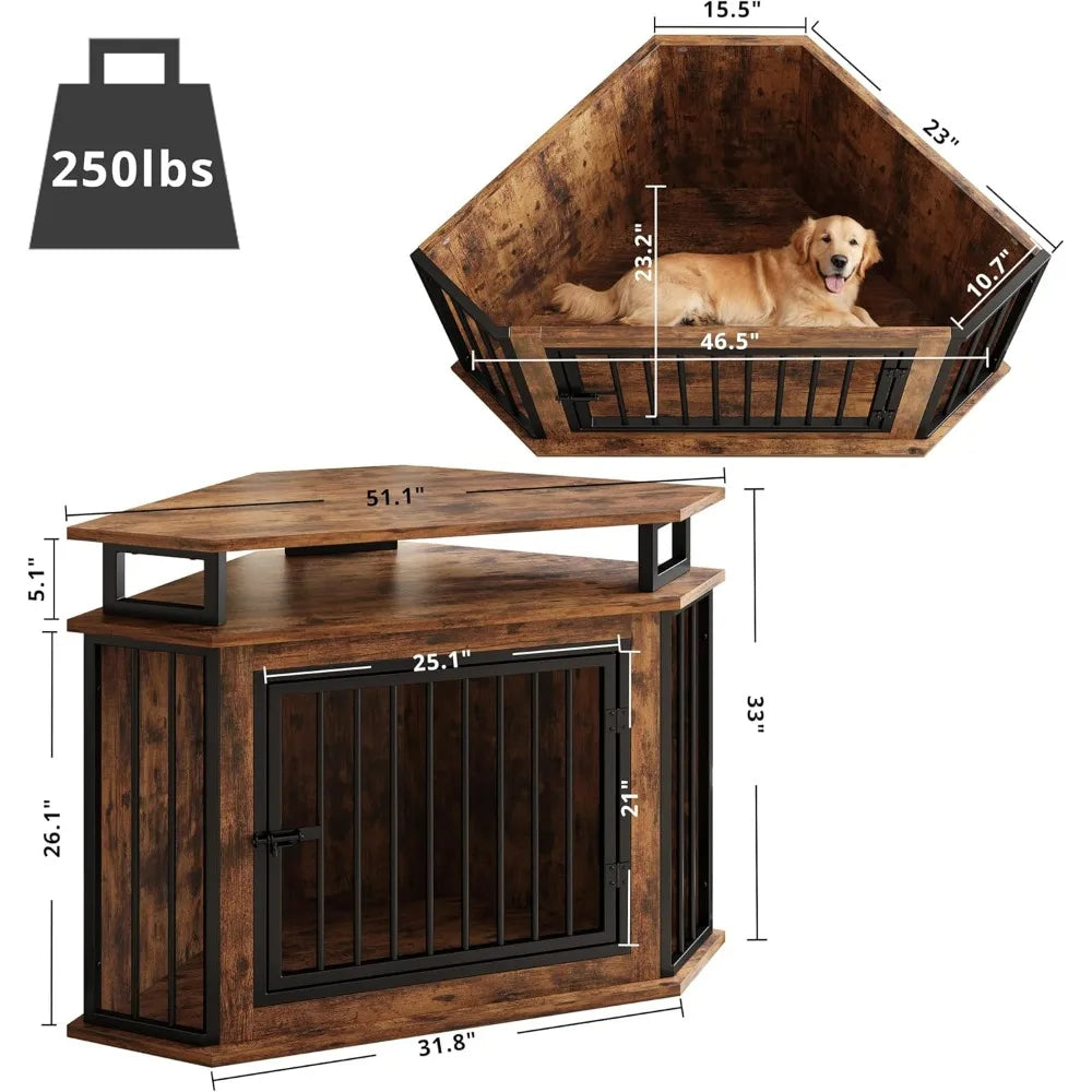 DAFIFY Corner Wooden Dog Crate Furniture With Two Tier Shelves