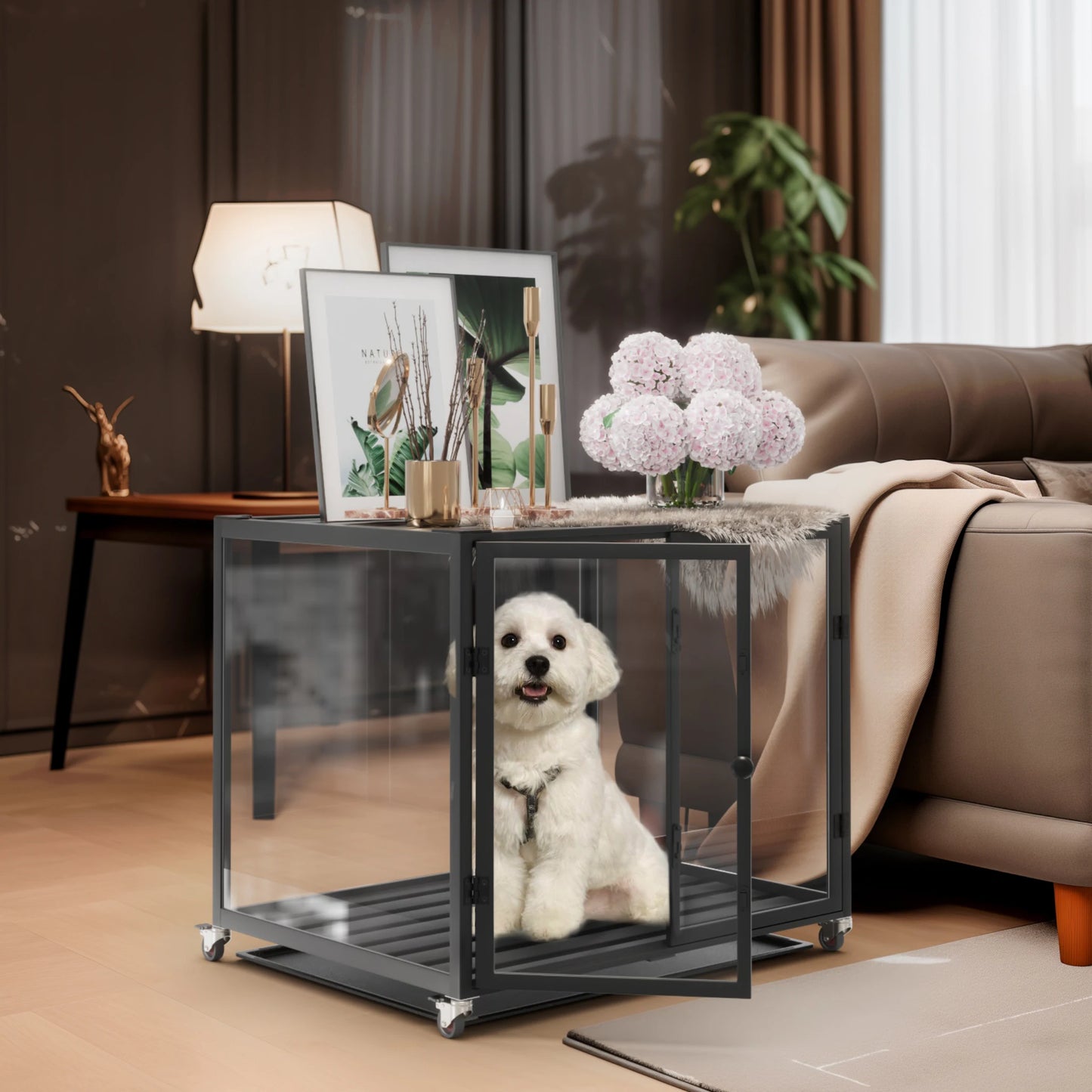 Bingopaw Tempered Glass Dog Crate Aluminum Frame Rolling Cage
