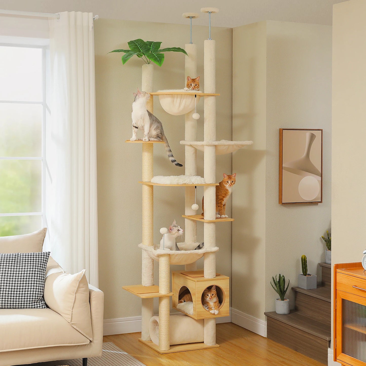 PAWZ Road Height Adjustable Wooden Cat Tree With Hammock And Scratching Posts