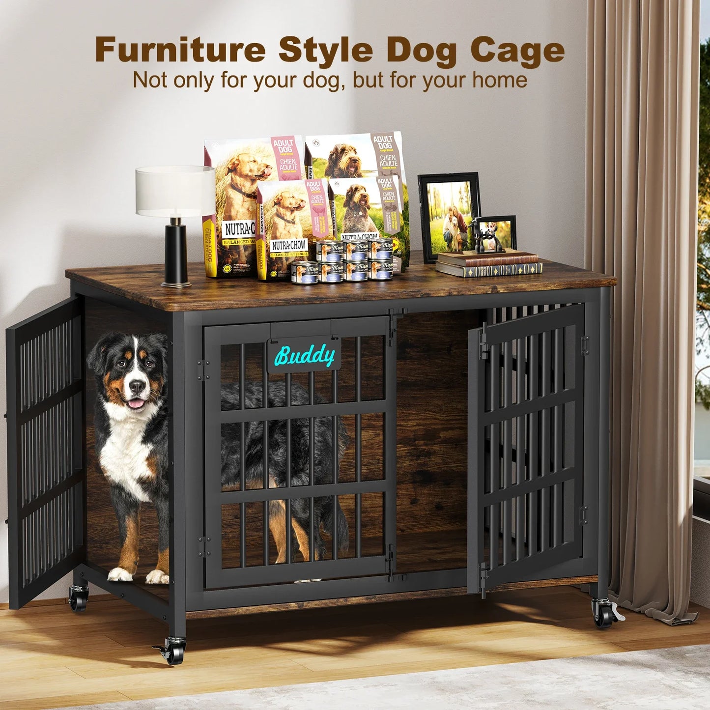 Furniture Style Dog Crate With Casters Indoor Kennel For Home