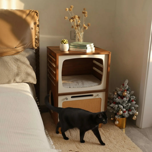 VKTECH Retro TV Style Cat House Bedside Table Scratching Board