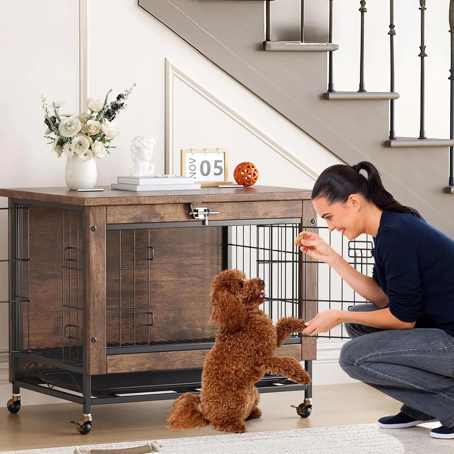 TWISTER.CK Dog Crate Furniture Iron Double-Door Kennel With Tray Wheels