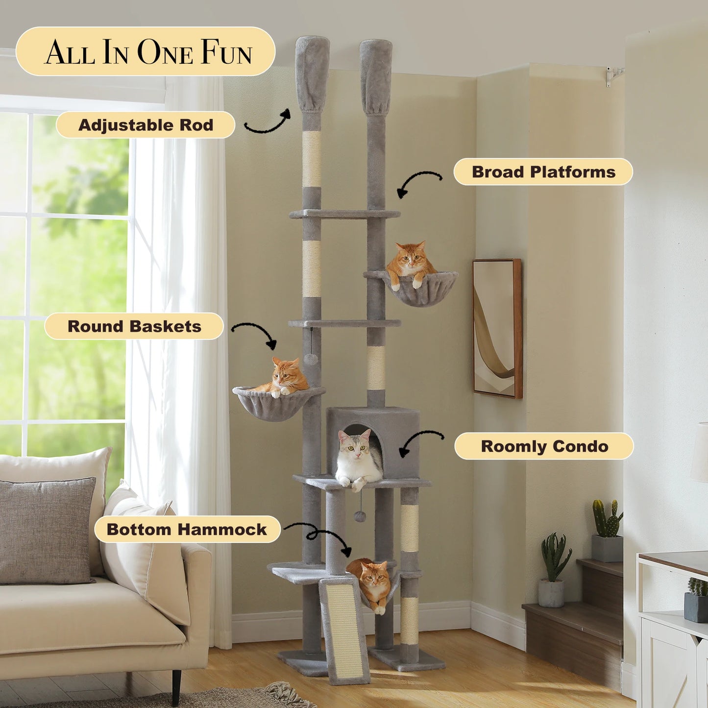 PAWZ Road Cactus Cat Tree Floor To Ceiling Tower Hammocks