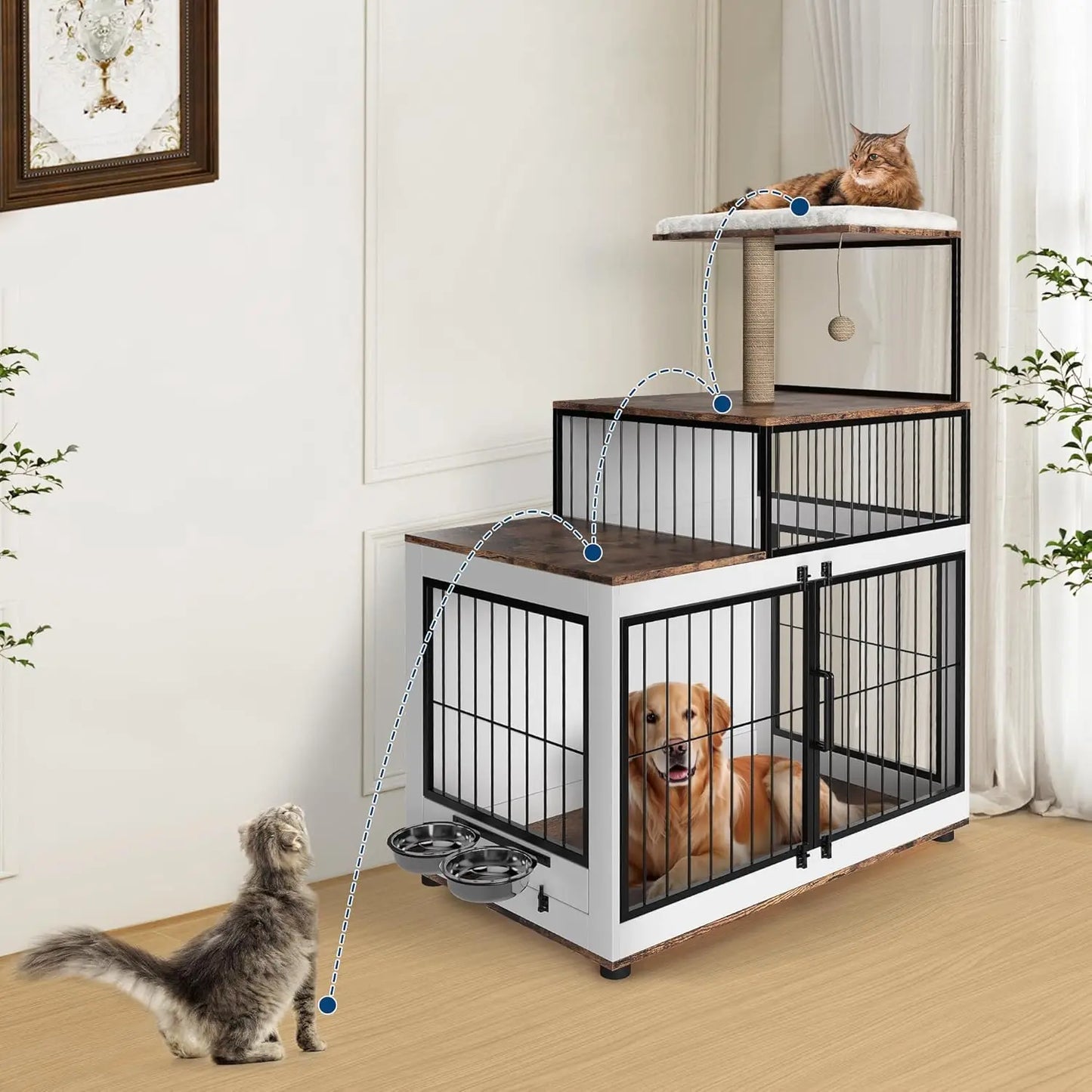 HiMISS Multifunctional Dog Crate With Cat Tower And Shelving